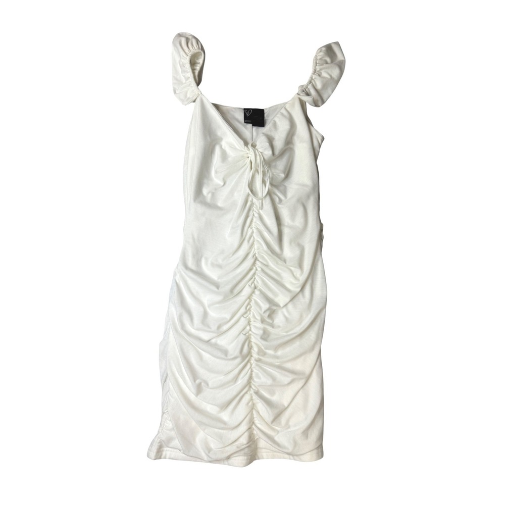 Windsor White Ruched Bodycon Mini Dress Ruffle Cap Sleeve Tie Front KPD0191 L